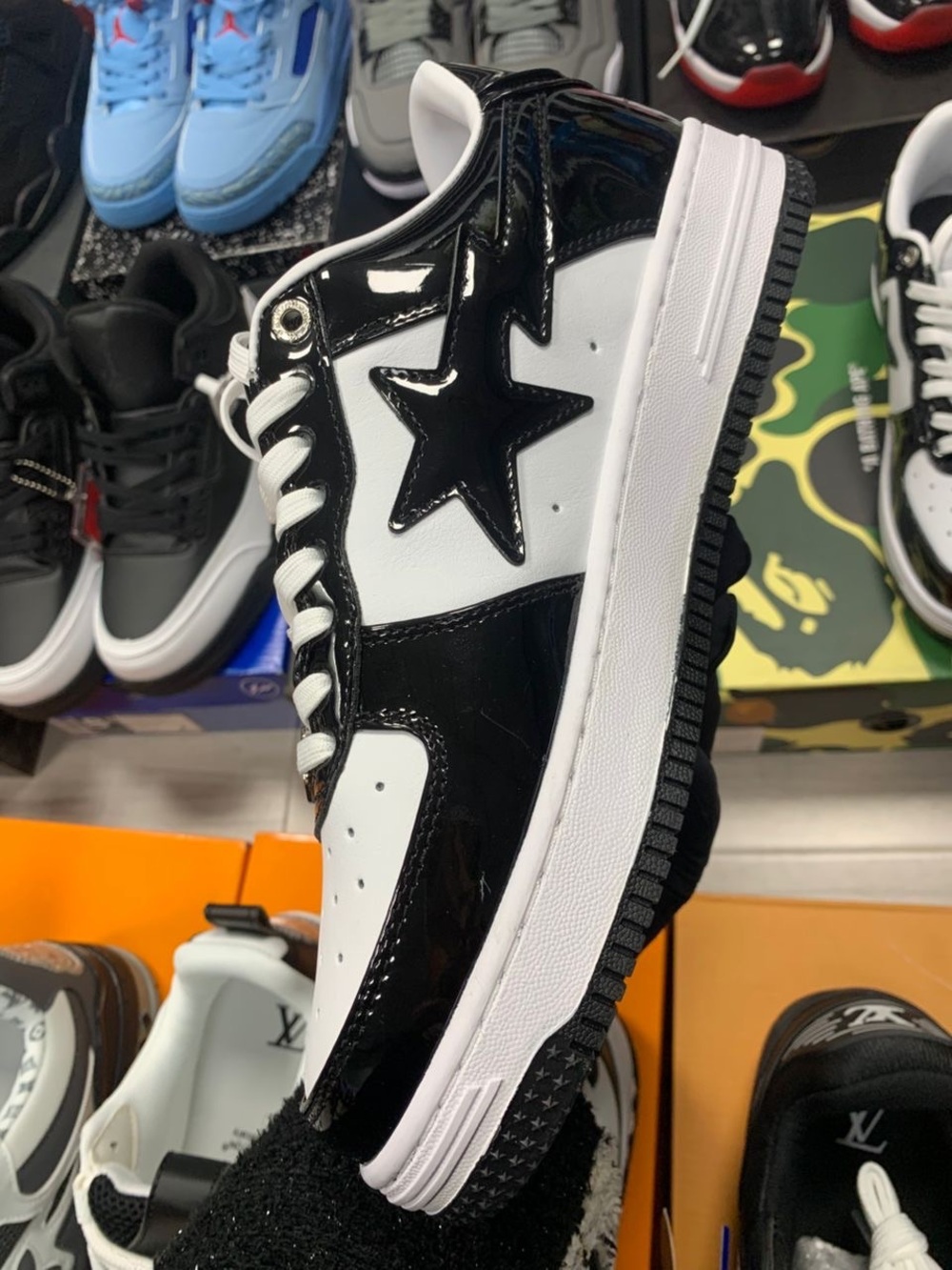Bape STA Low Top Sneakers in White and Black Patent - Picture 5 of 5